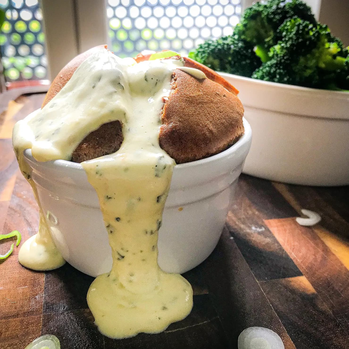 Cheddar and spring onion soufflé, photographed for Pinch of Mint