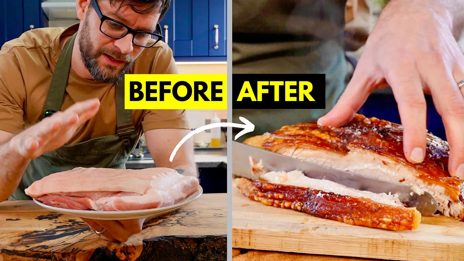 Man with glasses and apron prepares raw pork on a plate. Text "BEFORE" on left. On right, cooked pork being sliced, "AFTER" text above.