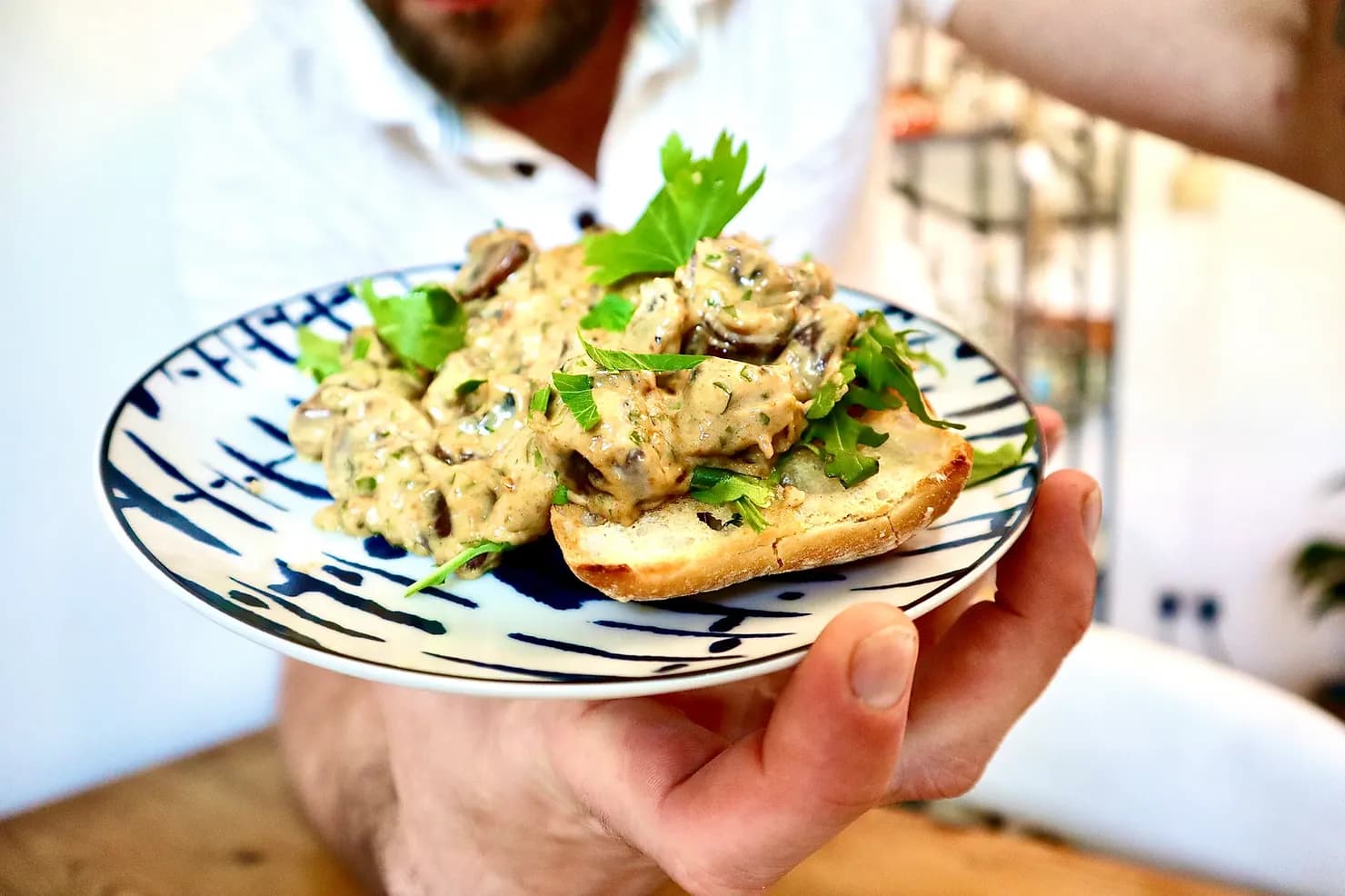 Garlic mushrooms on toasted ciabatta, photographed for Pinch of Mint