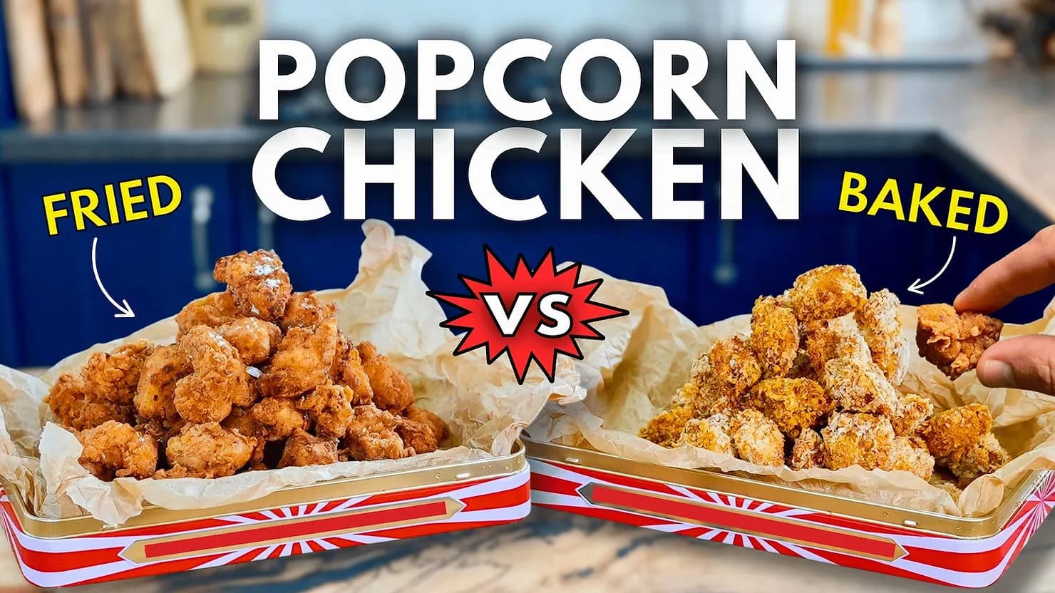 Fried vs baked popcorn chicken comparison. Two trays on marble; one hand takes a baked piece. Text: Popcorn Chicken, Fried, Baked.