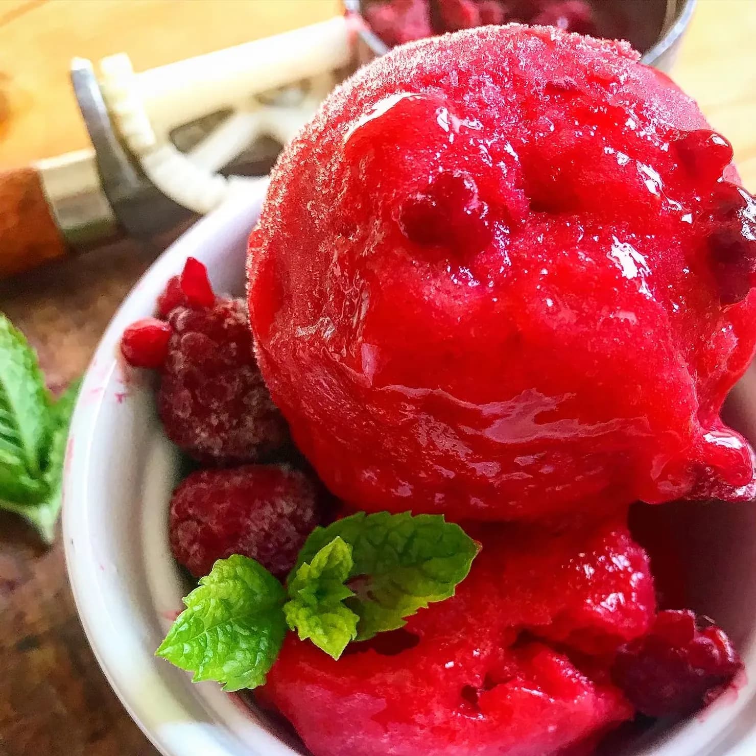 Raspberry and gooseberry sorbet, photographed for Pinch of Mint