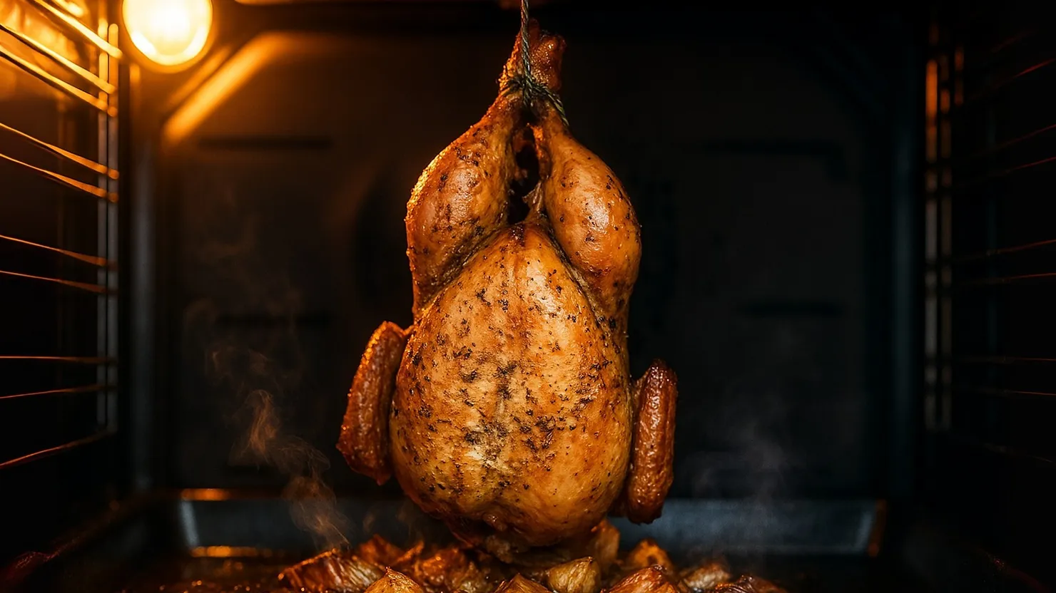 Roasted chicken hanging in an oven, golden-brown with herbs, surrounded by vegetables, lit by soft oven light creating a warm ambiance.
