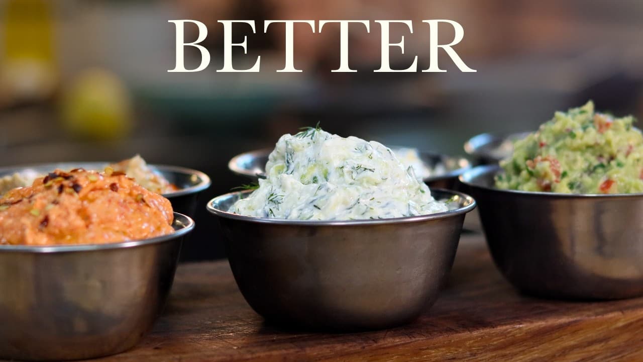 Six homemade dips, a still from its video, with the channel name and the recipe title in text across it