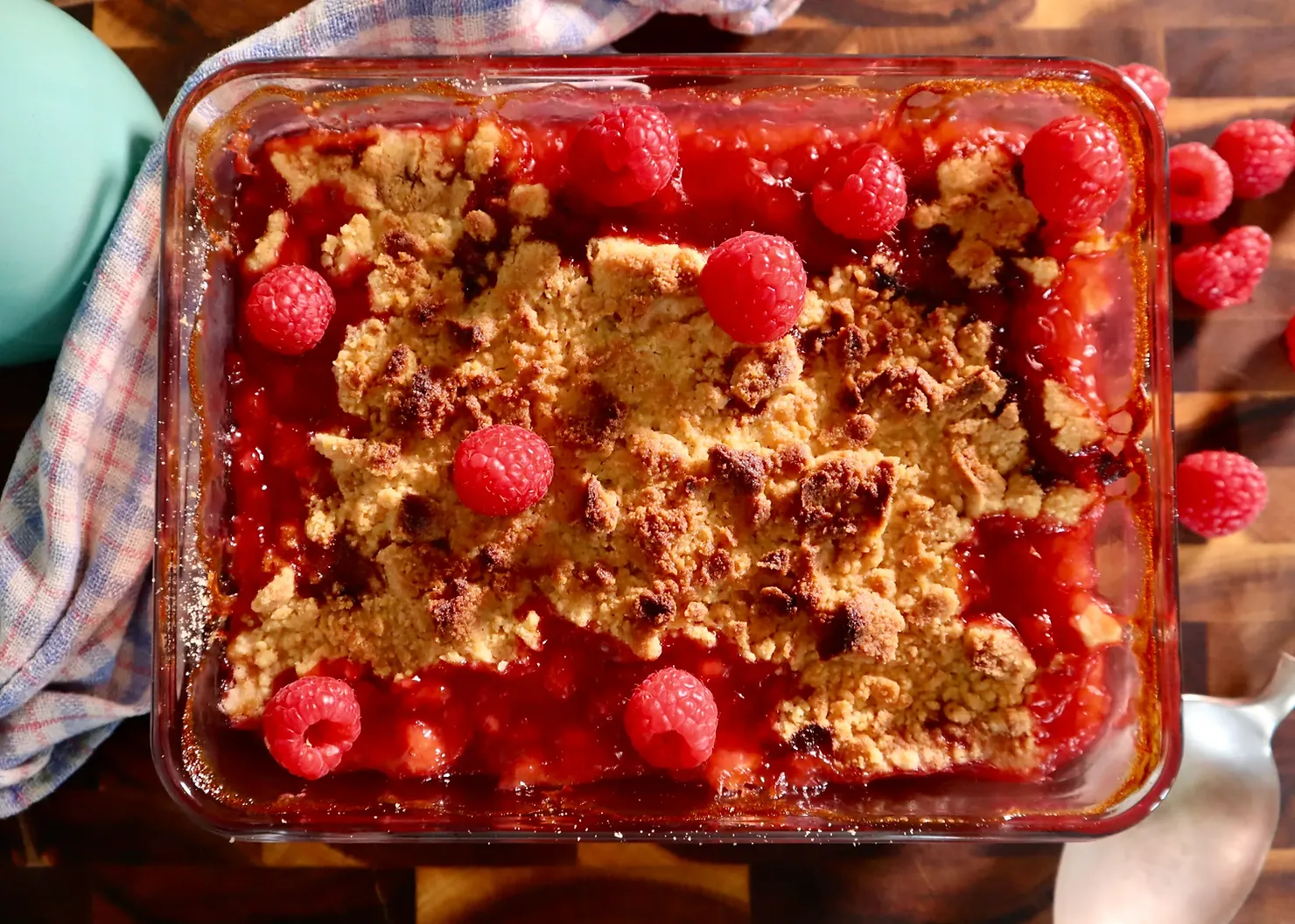 Rhubarb, raspberry and rosé crumble, photographed for Pinch of Mint