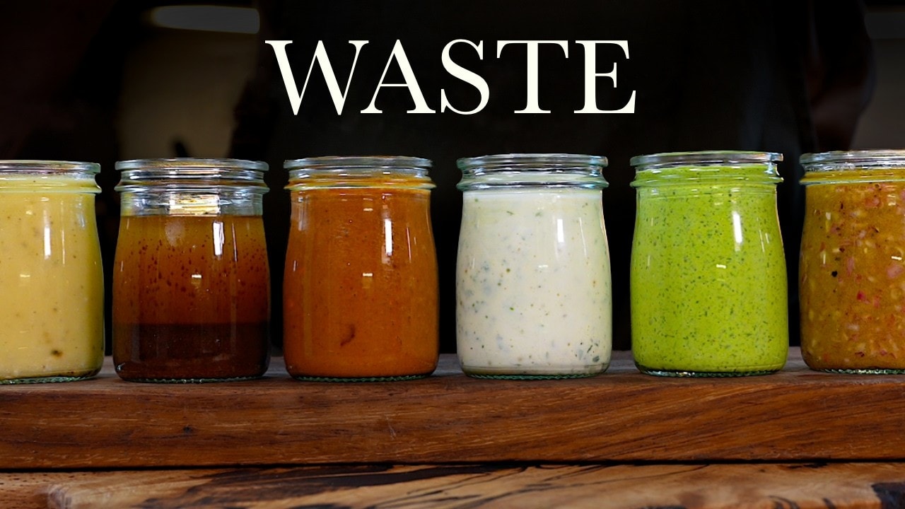 Six homemade salad dressings, a still from its video, with the channel name and the recipe title in text across it