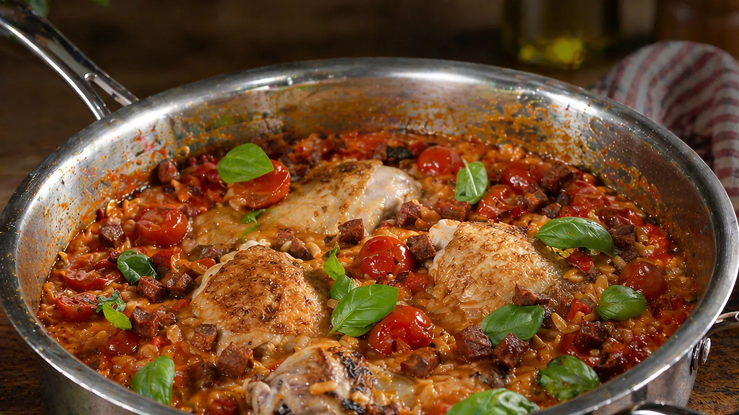 A skillet with cooked chicken, cherry tomatoes, basil, and chorizo in a rich sauce. The vibrant dish emits a warm, savory feel.