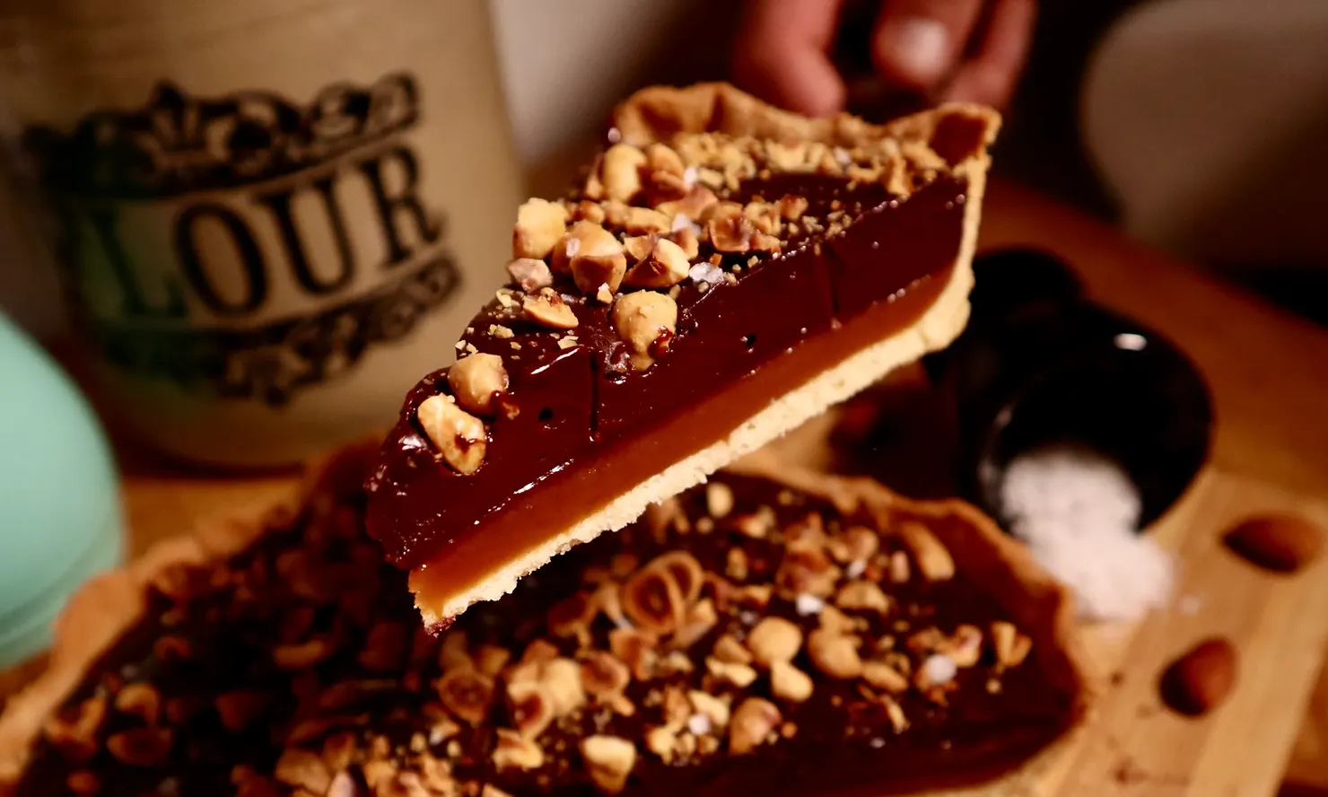 Chocolate hazelnut tart with salted caramel, photographed for Pinch of Mint