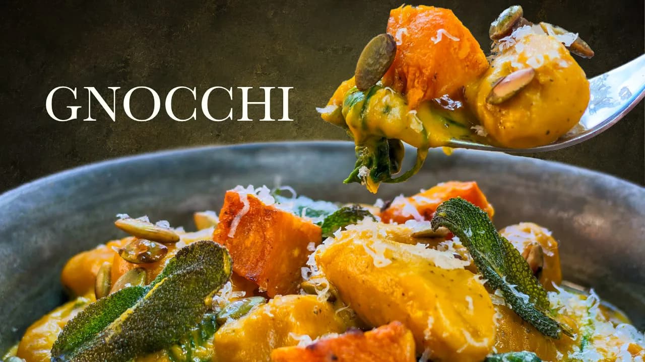 Bowl of Pumpkin Gnocchi in a creamy pumpkin sauce