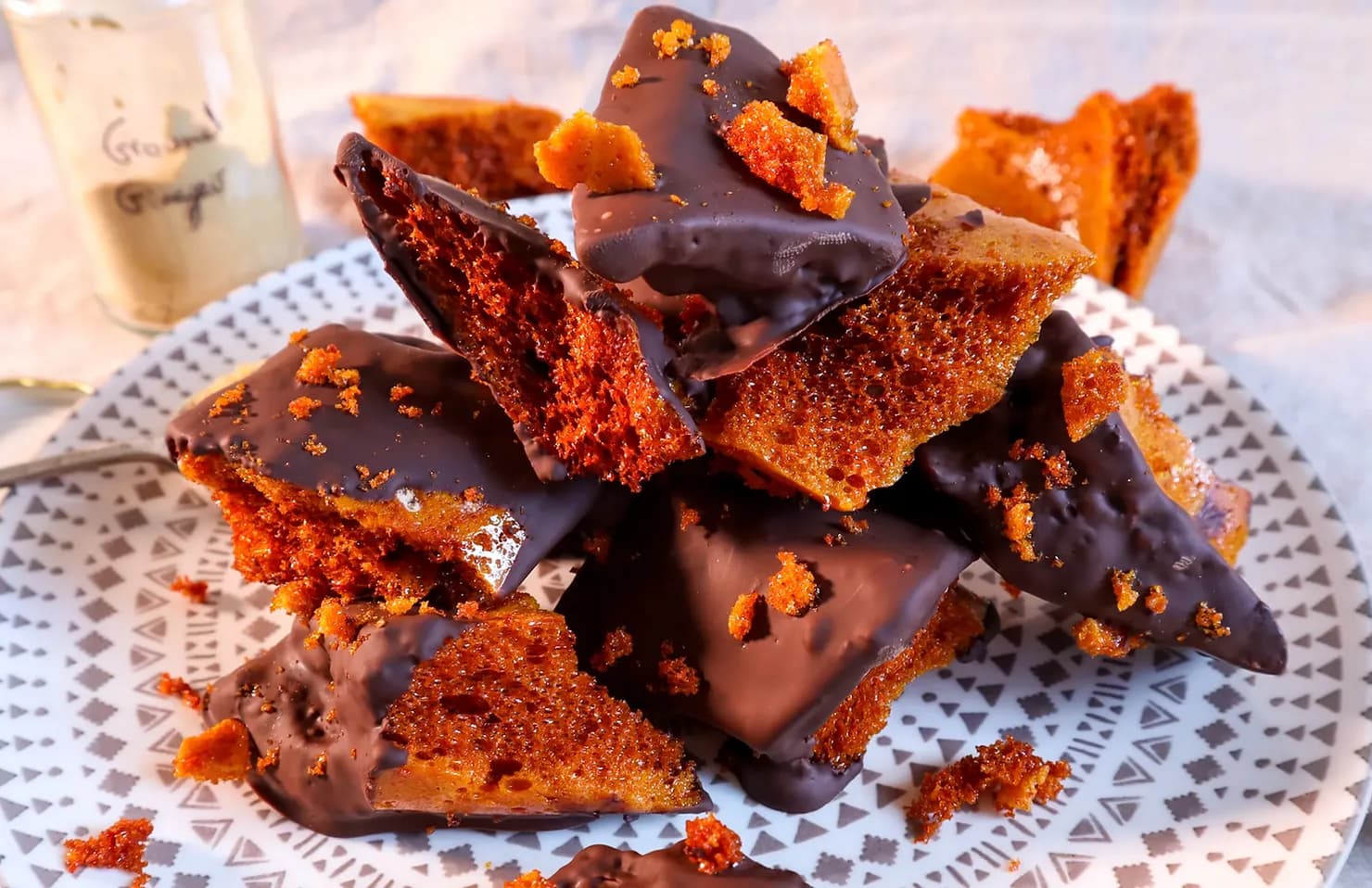 Ginger honeycomb with dark chocolate, photographed for Pinch of Mint