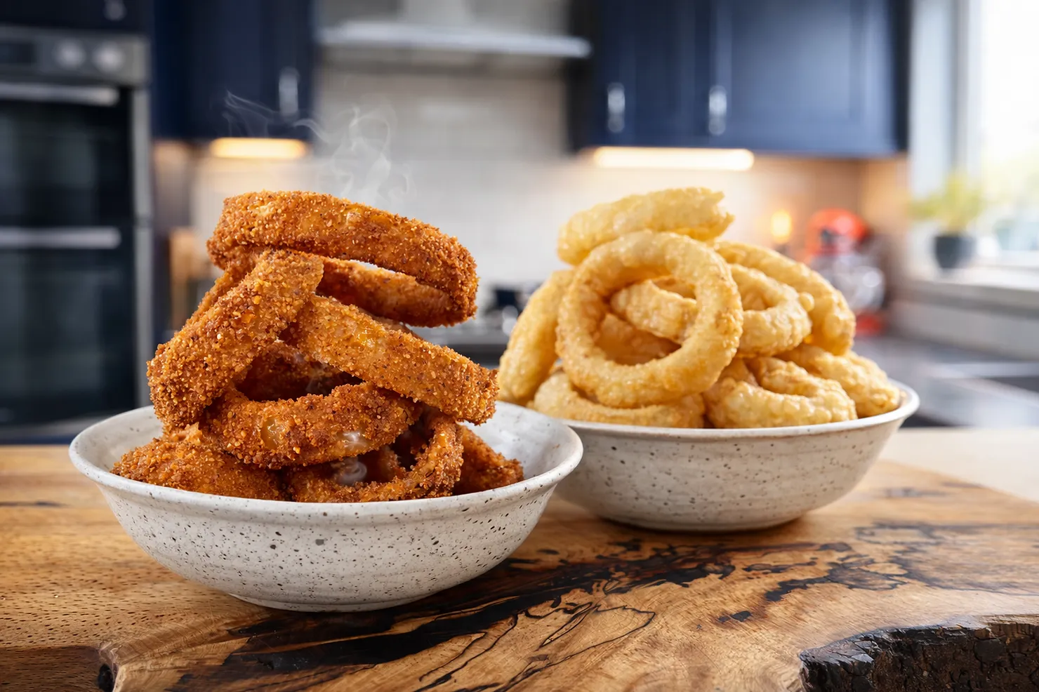 Two bowls of onion rings, one with golden fried and the other with crispy breaded rings, sit on a wooden counter in a kitchen.