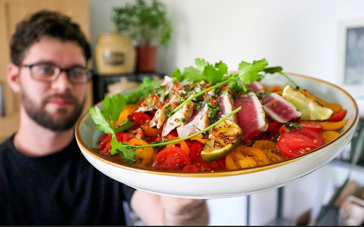 Pan-seared tuna steak with tomato salad, photographed for Pinch of Mint
