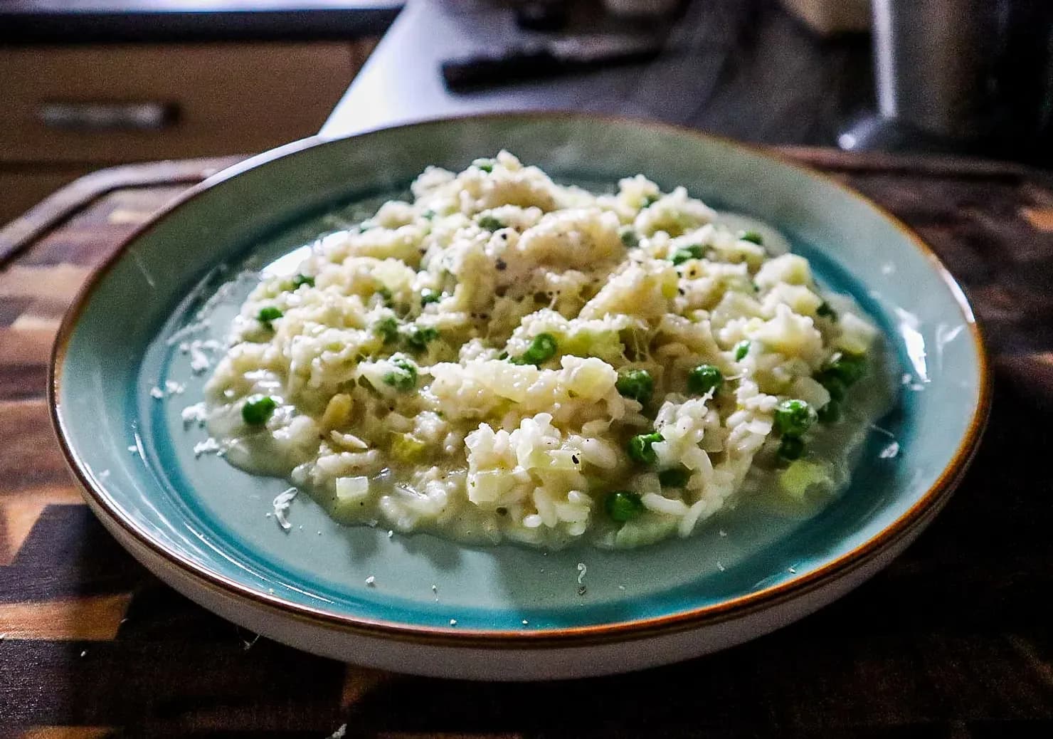 Pea and leek risotto, photographed for Pinch of Mint