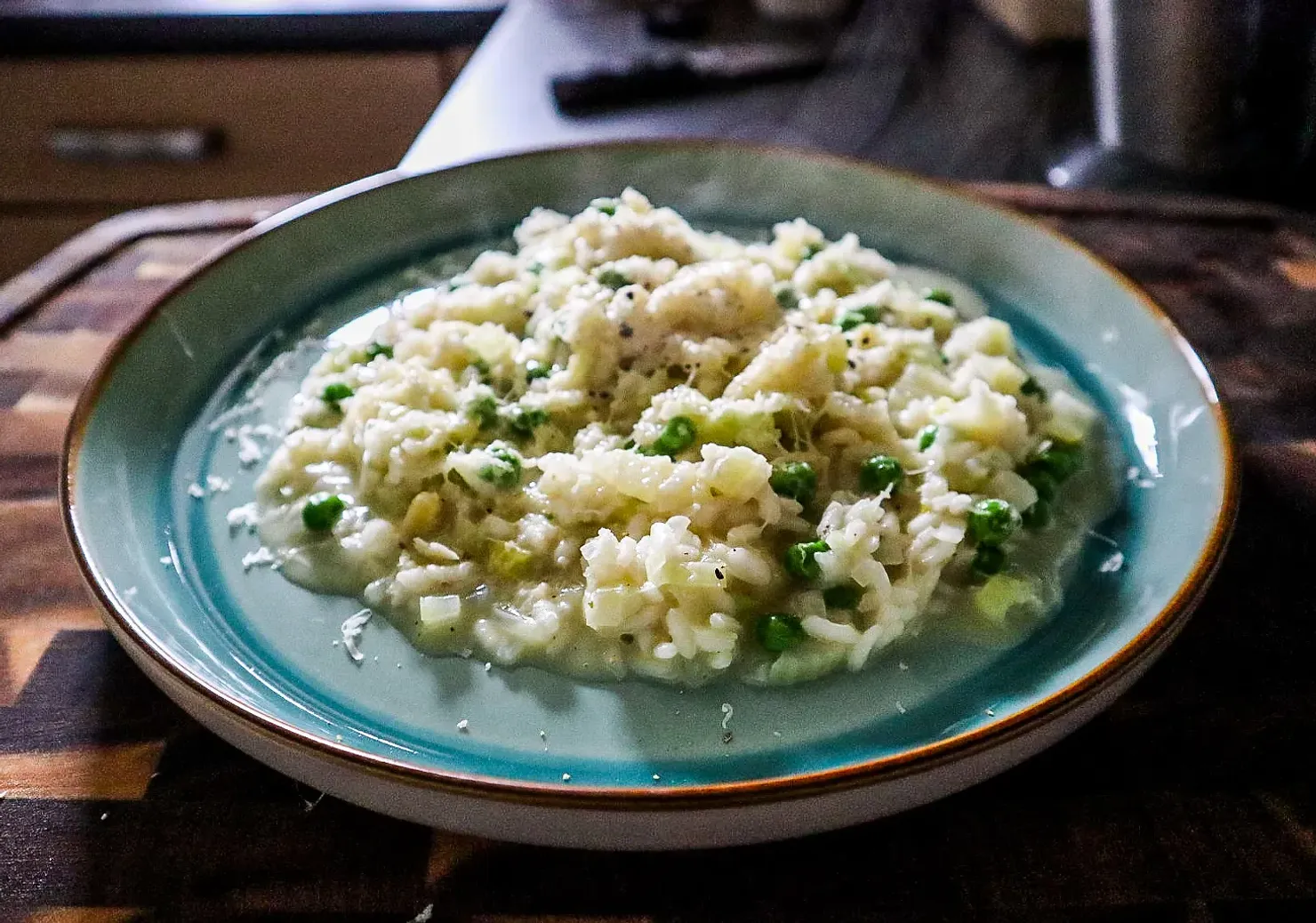 Pea and leek risotto, photographed for Pinch of Mint