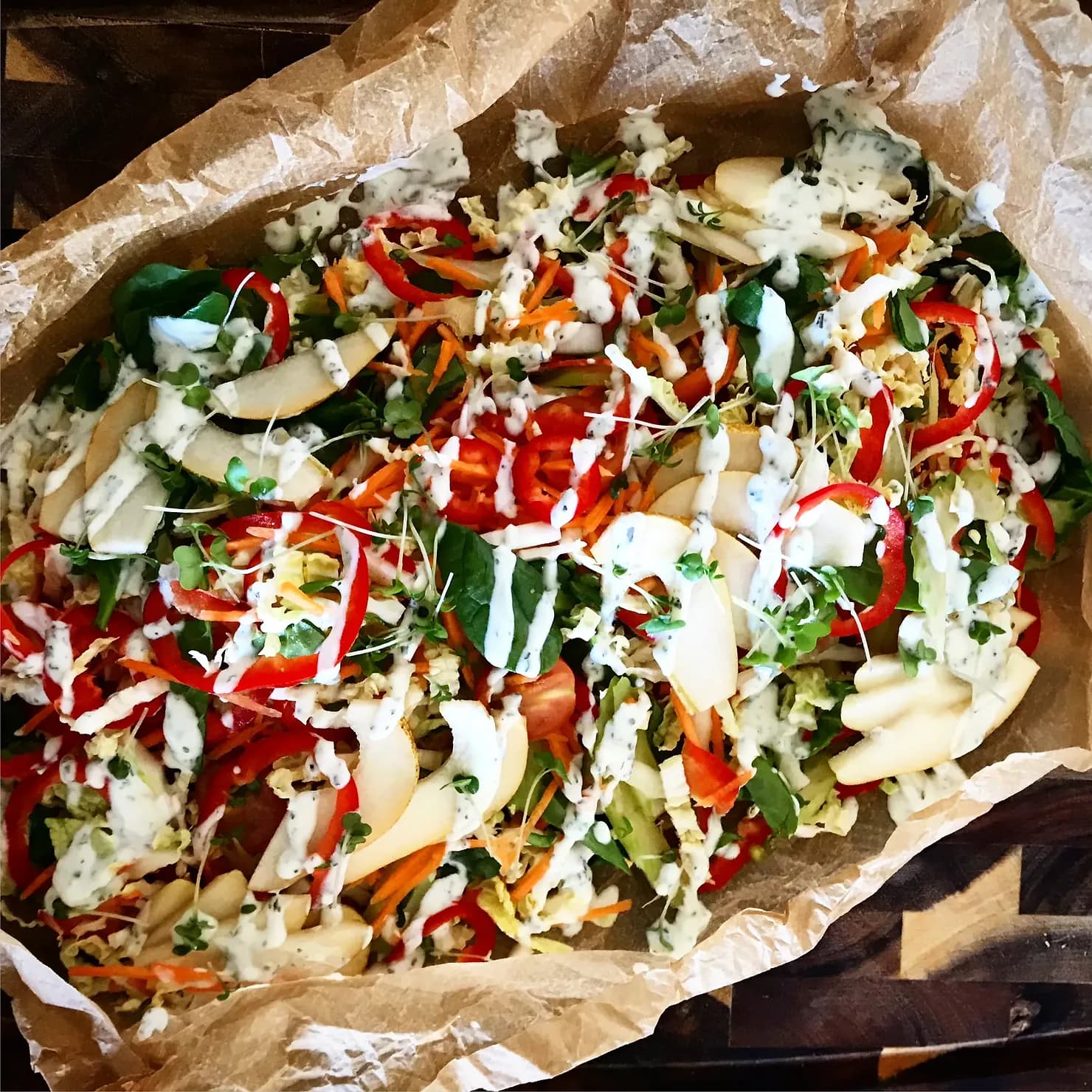 Shredded rainbow salad with yoghurt dressing, photographed for Pinch of Mint