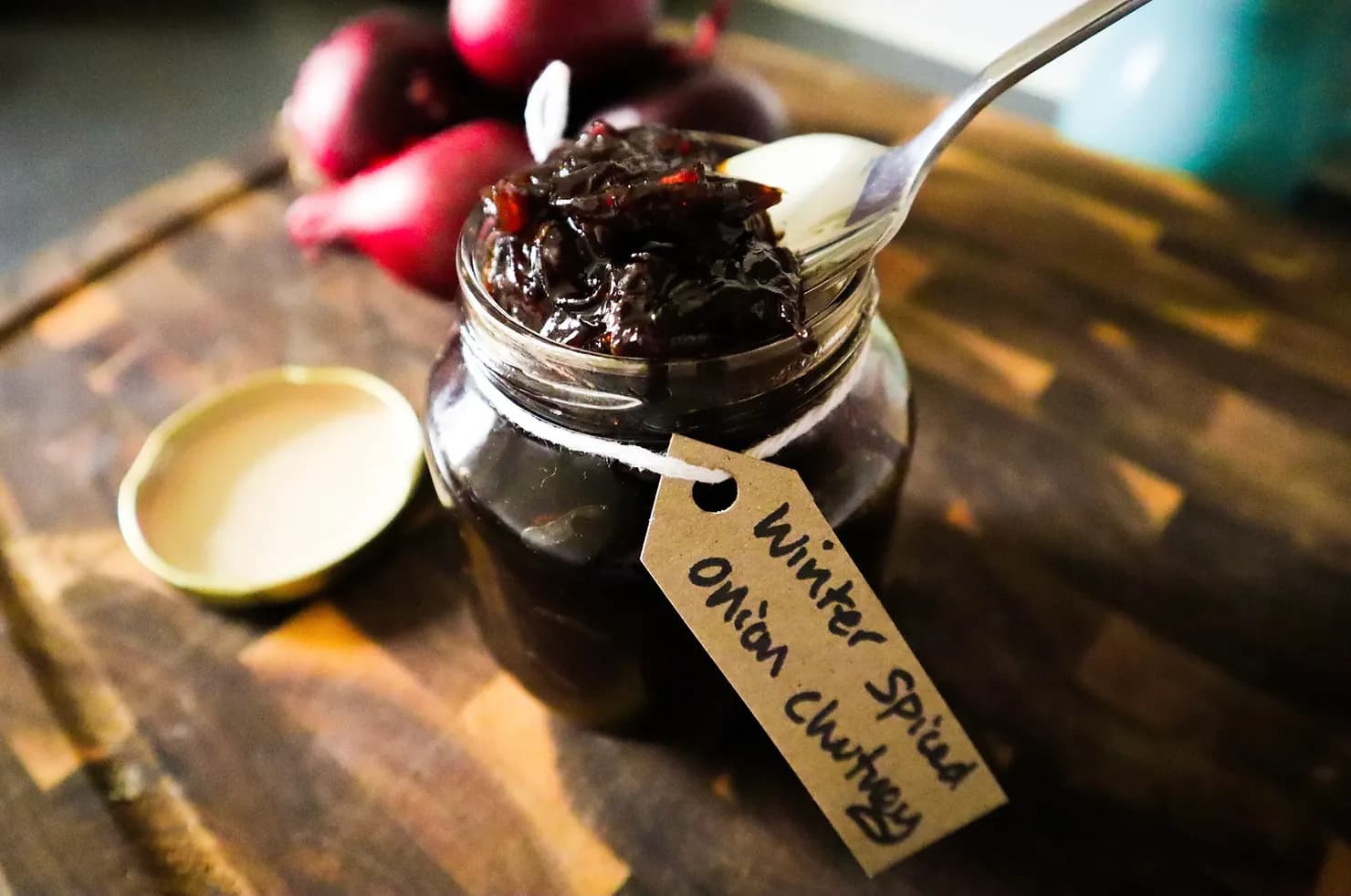 Caramelised red onion chutney, photographed for Pinch of Mint