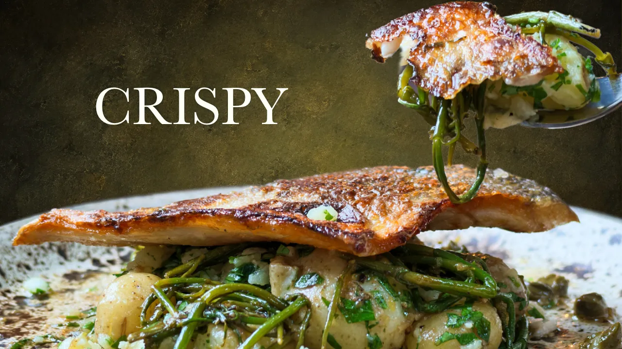 Crispy skin sea bream served with crushed new potatoes samphire and caper