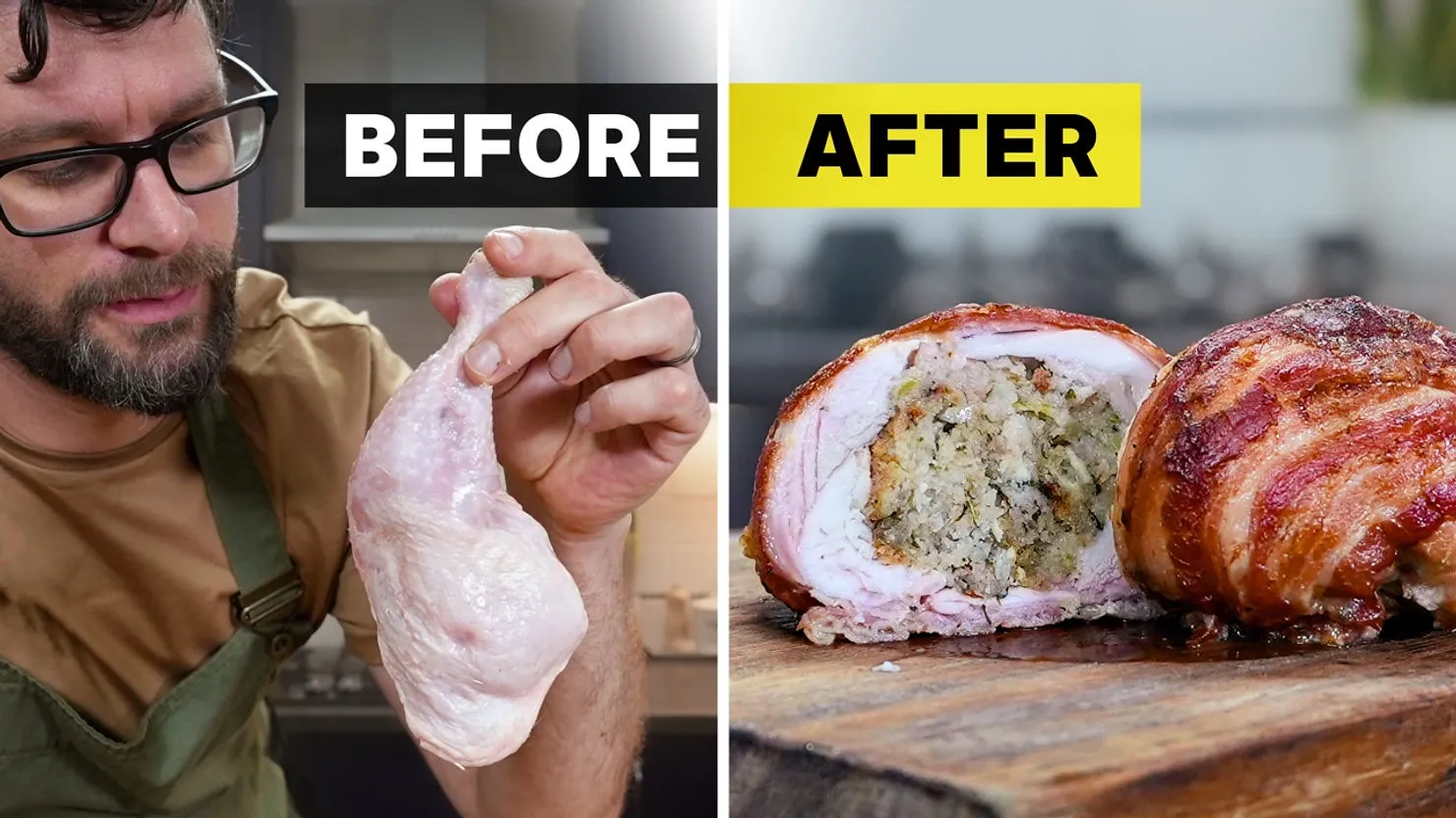 Person holding raw chicken labeled "Before"; cooked stuffed chicken labeled "After" on wooden board in kitchen setting.