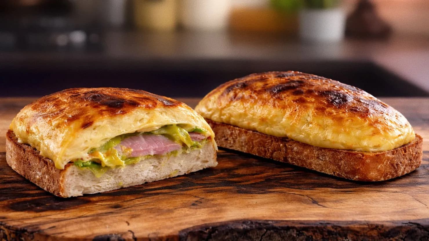 Toasted bread topped with melted cheese and ham, set on a wooden board. The cheese is golden-brown and bubbly, creating a warm, appetizing look. Welsh rarebit recipe.