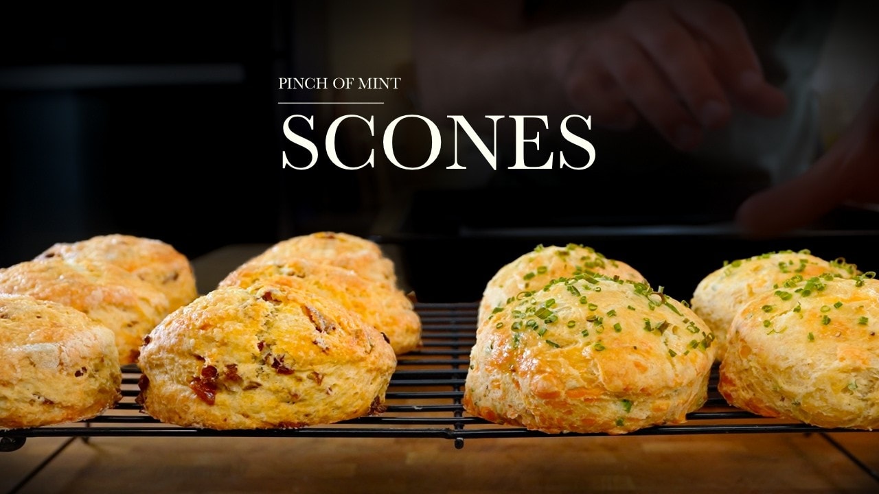 Two scone recipes worth knowing, a still from its video, with the channel name and the recipe title in text across it