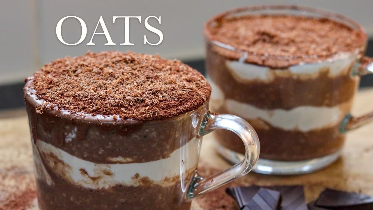 Tiramisu overnight oats, a still from its video, with the channel name and the recipe title in text across it