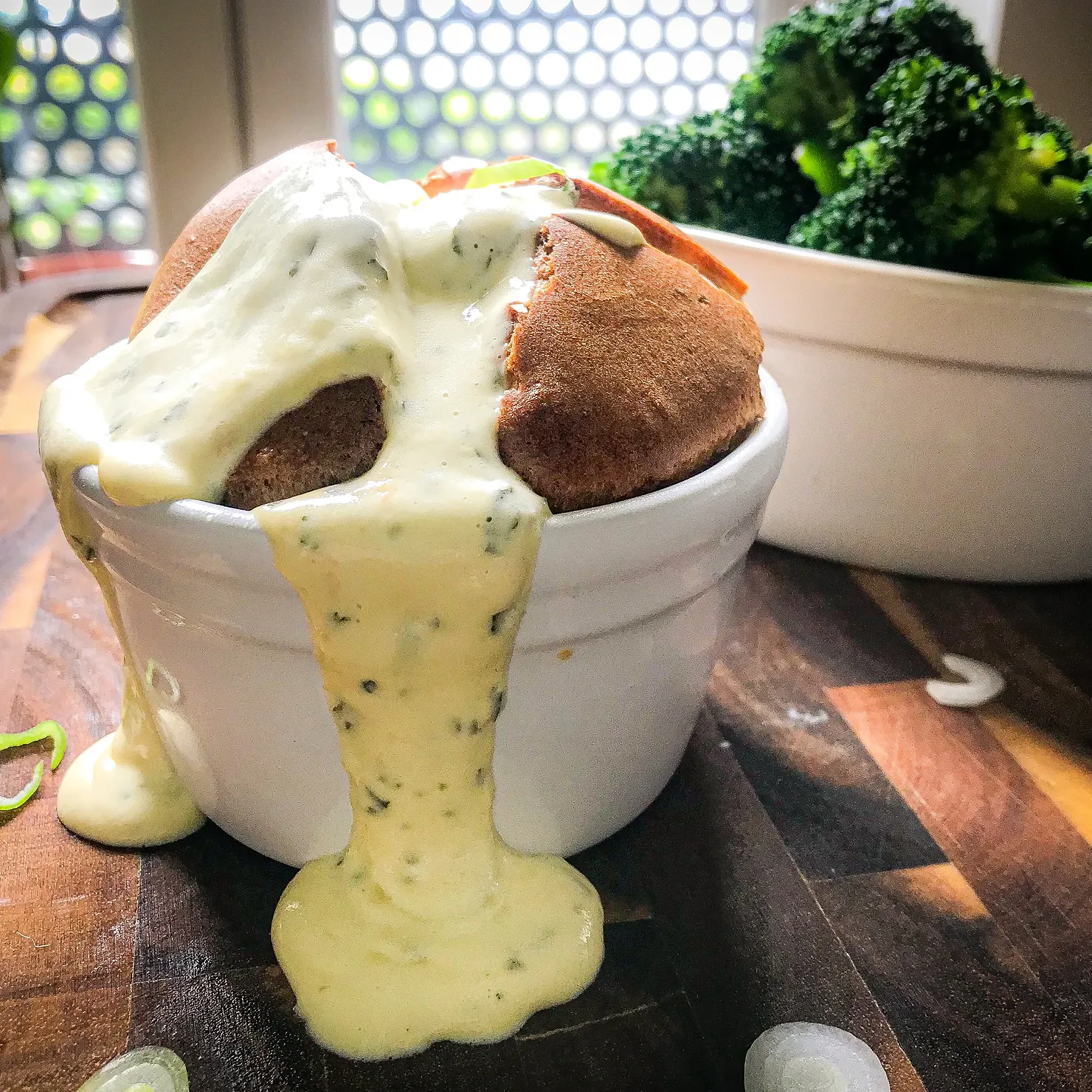 Cheddar and spring onion soufflé, photographed for Pinch of Mint