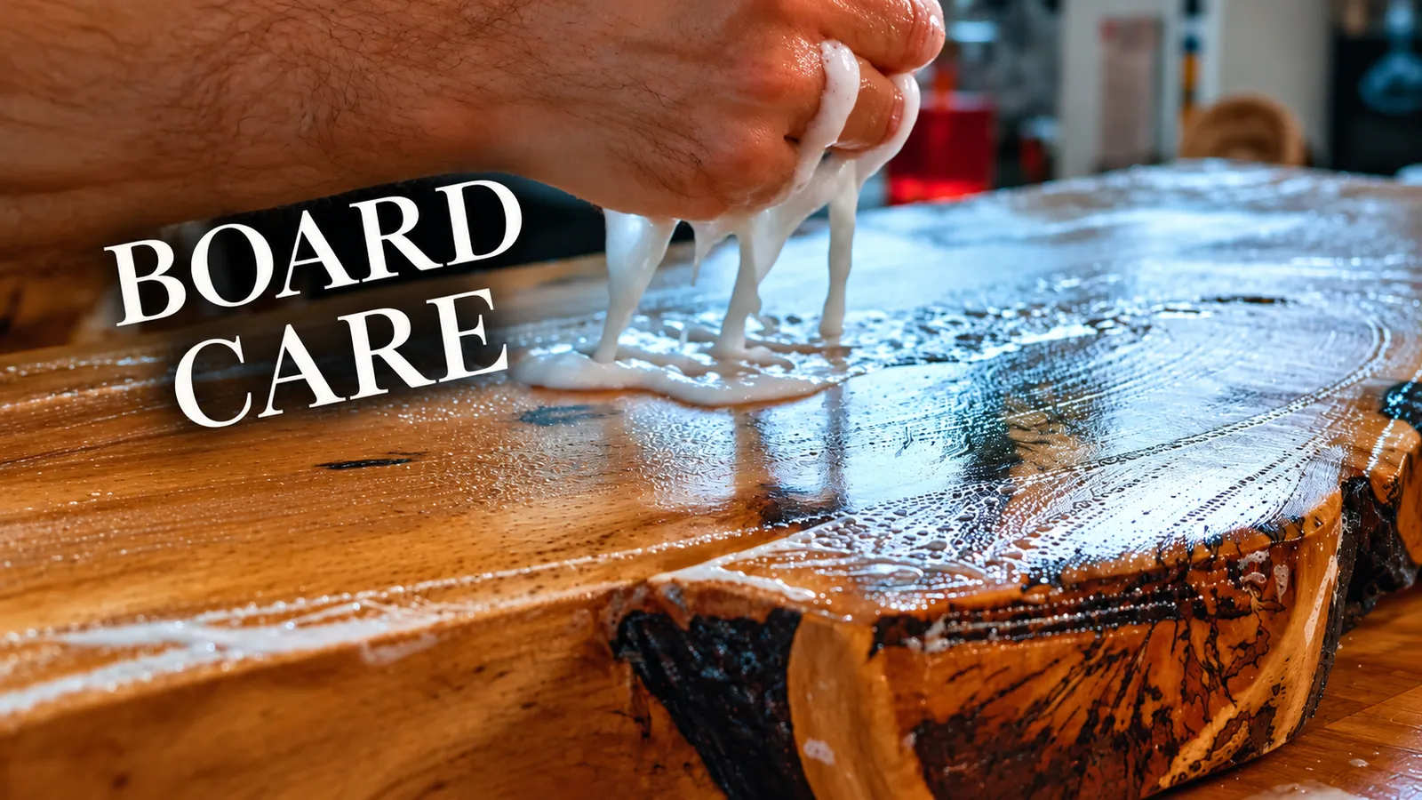 Wooden chopping board with soapy water