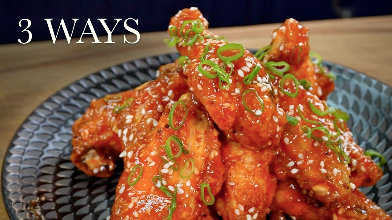 Crispy chicken wings, three flavours, a still from its video, with the channel name and the recipe title in text across it